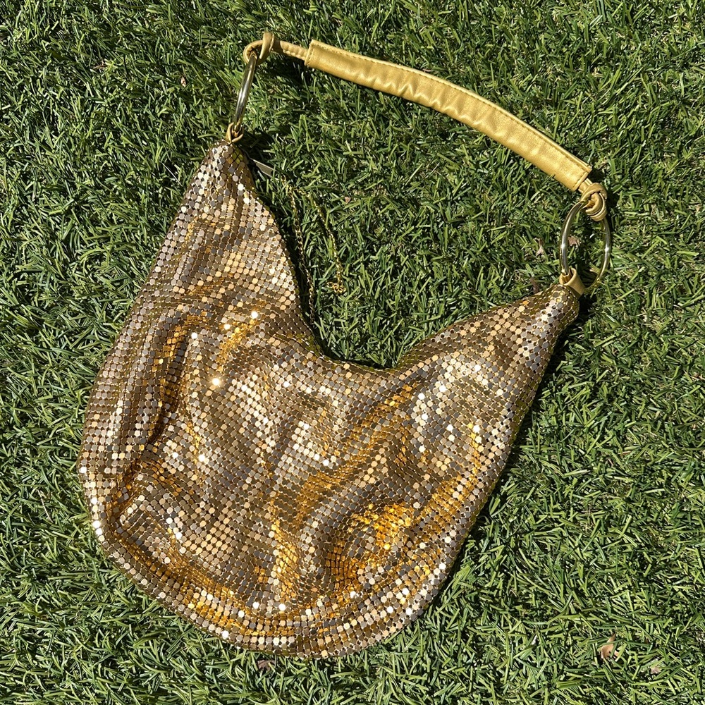 Y2K Shiny Gold O-Ring Slouchy Chainmail Zipper Pull Handbag Shoulder Purse - Picture 4 of 9